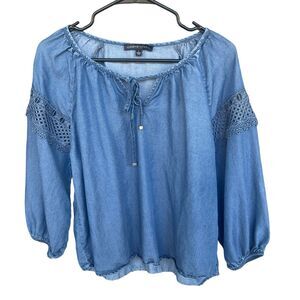 Adrienne Vittadini Chambray Blouse Womens Large Crochet Balloon Sleeve Blue Boho